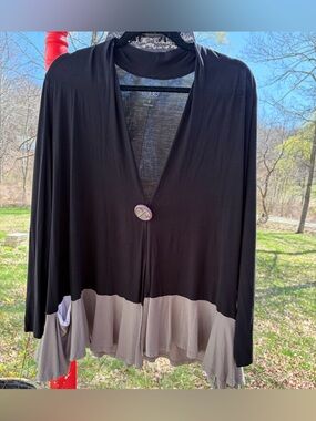 LOGO Lori Goldstein Sz S Rayon Blend Color Block Cardigan Black/olive Lagenlook